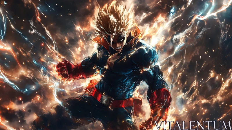 Explosive anime hero wreathed in crackling cosmic energy.