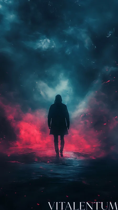 Lone wanderer strides through neon mist and cosmic shadow.