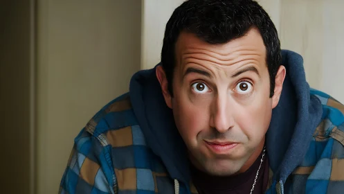 Man with wide-eyed expression in stylized digital portrait