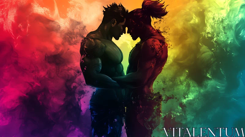 Couple in Neon Mist: Silhouetted Embrace with Colorful Aura.