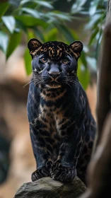 Melanistic jaguar poised on rock in shallow-depth portrait study