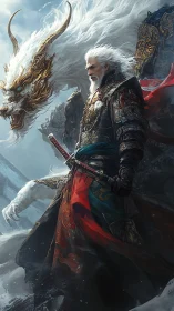 Armored elder swordsman with spectral dragon rendered in dynamic detail