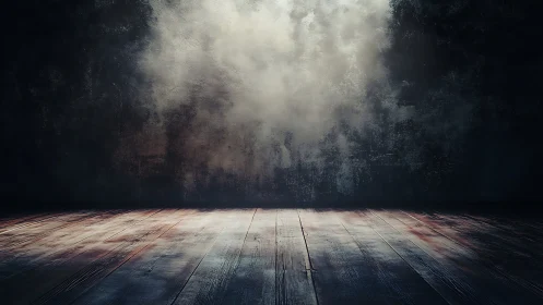 Moody empty studio with misted wall and worn wooden floor