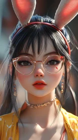 Sunlit bunny-eared girl in glasses with soft pastel glow.