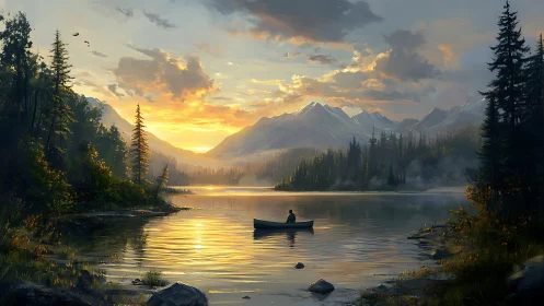 Golden sunrise gently welcomes a lone canoe on calm lake