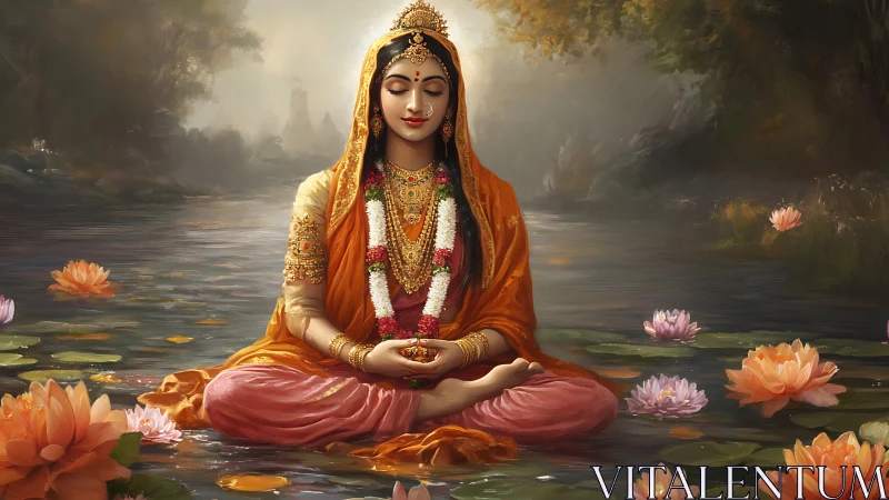 Lotus-clad goddess meditates in dawnlit river hush.