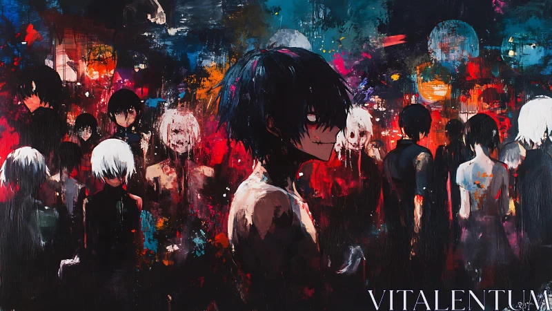 Crowded neon dystopia isolates a central anime antihero