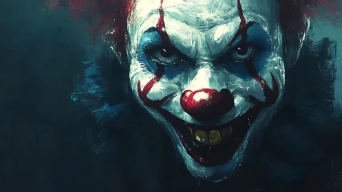 Grinning nightmare clown lunges from the darkness, eyes blazing.