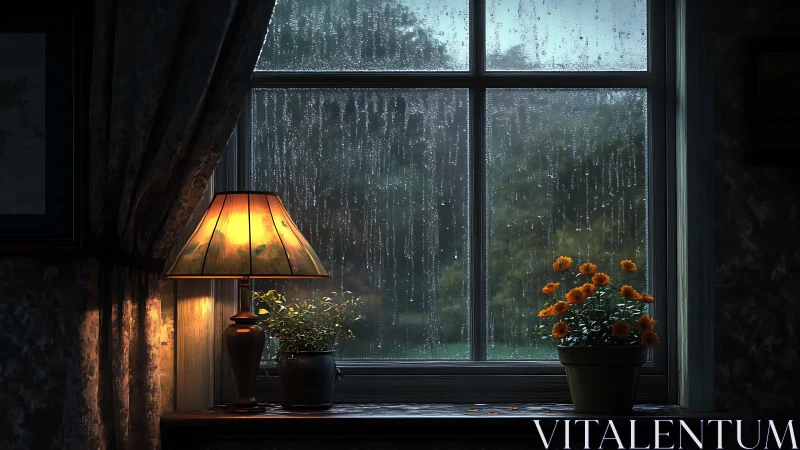Lamplit botanical sill against rain-streaked windowpane contrast.
