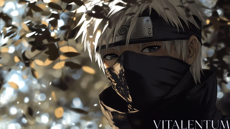 Masked leaf-shadow wanderer in soft golden bokeh hush.