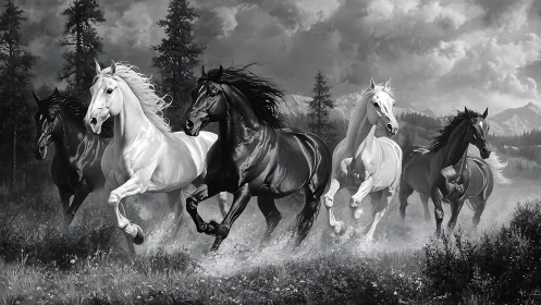 Galloping horses in monochrome alpine wilderness storm.