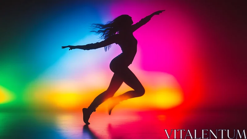 Silhouette dancer leaping through a rainbow glow of light.
