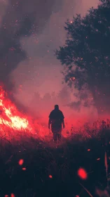 Solitary Figure Emerges From Inferno's Crimson Embrace.