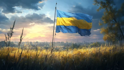 Sunlit Ukrainian flag dancing above fields of golden resolve.