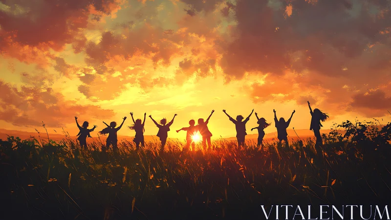 Silhouetted friends celebrate sunset in glowing summer field.
