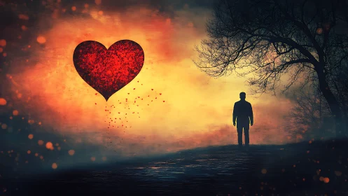 Silhouette figure facing large textured heart at sunset sky.