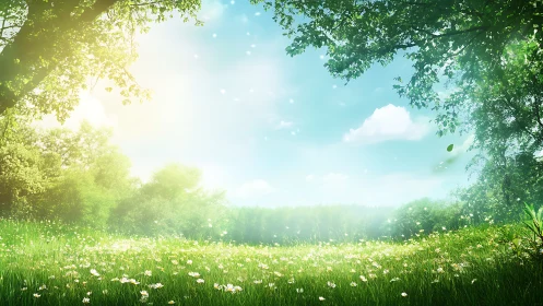 Sunlit spring meadow opens toward distant forest edge