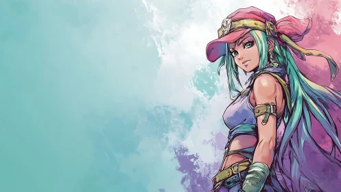 Side-view portrait of teal-haired woman in cap, pastel field.