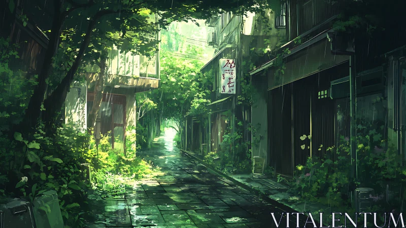 Overgrown rainy alleyway with lush urban vegetation and light