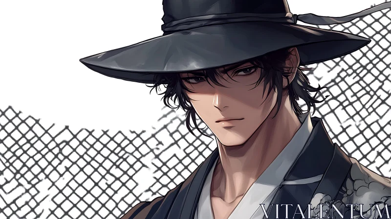 Mysterious wanderer in a wide-brimmed hat and soft shadows.