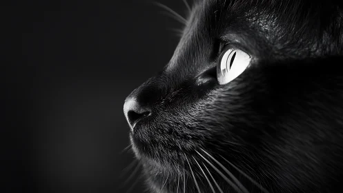 Black Cat Portrait with Bright Eyes Against Dark Background