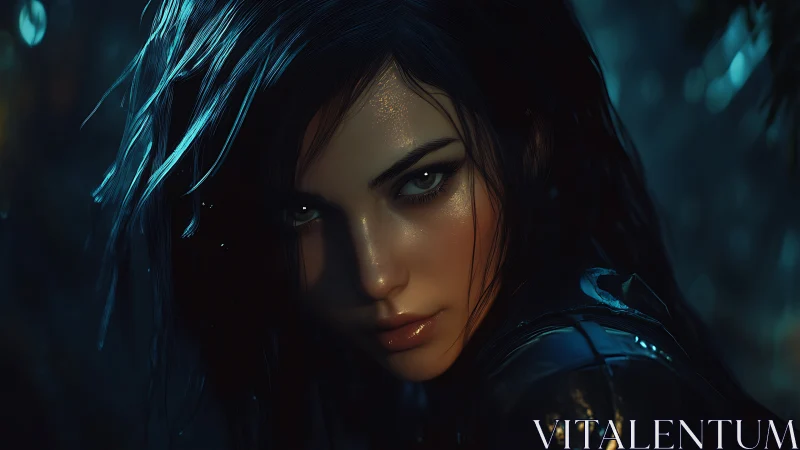 Cinematic cyberpunk portrait with wet-look lighting and focus.