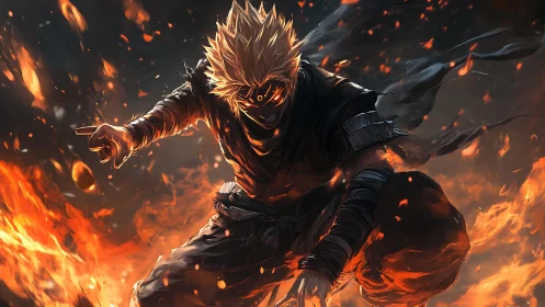 Fiery masked warrior unleashes power amid swirling embers.