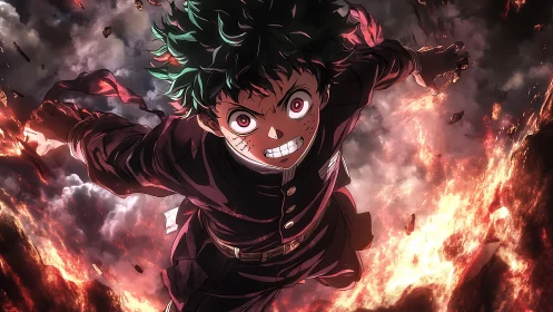 Green-haired anime boy above fiery battlefield environment.