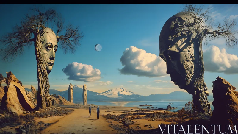 Colossal head monoliths dominate surreal coastal desert vista.