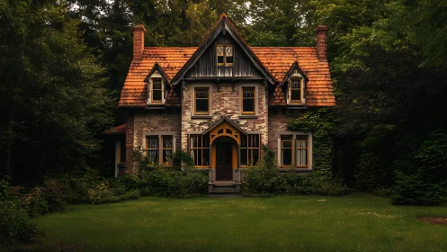 Gabled brick cottage with ivy, steep roof pitch and deep forest setback