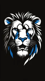 Stylized lion head illustration uses bold white and blue lines