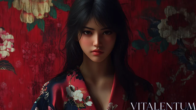 Portrait of a solemn woman framed by rich floral patterns.