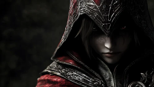 Hooded armored figure with ornate red cloak in shadowed view.