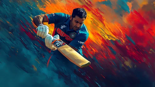 Cricketer driving through a storm of bold sunset color.