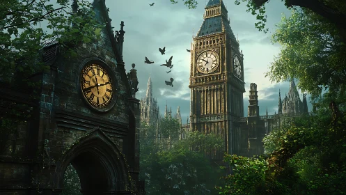 Time-lost London tower wrapped in tranquil forest light.