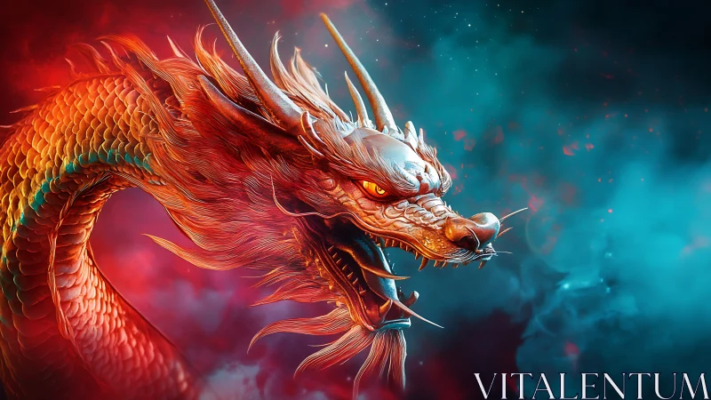 Crimson oriental dragon rendered in luminous neon bicolor haze.