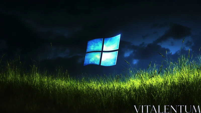 Luminous window emblem over neon meadow at midnight sky.