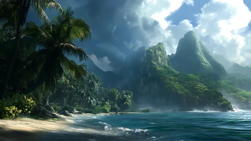 Tropical Karst Coastline with Dramatic Peaked Mountains and Turquoise Lagoon