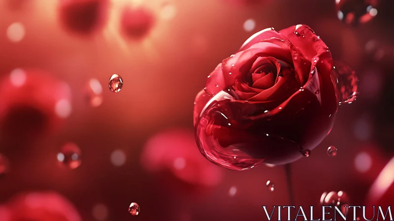 Crimson Rose in Liquid: A Dance of Petals and Dewdrops.