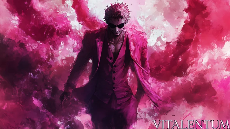 Male figure in magenta suit stands amid dense pink clouds