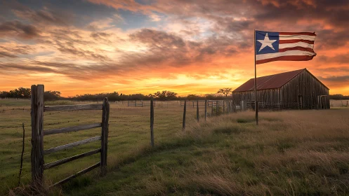 Sunset wind turns barn, flag, and prairie grass into chorus