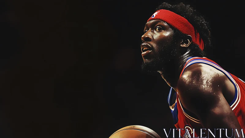 Intense basketball portrait under dramatic arena lighting.