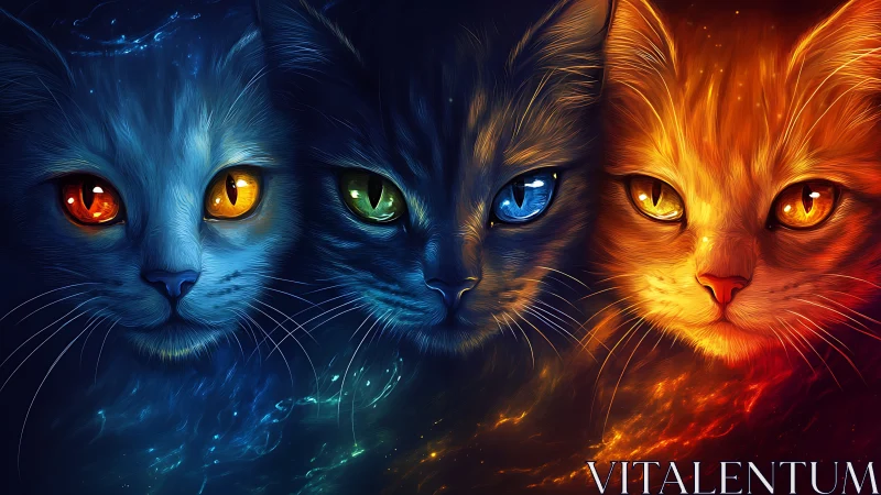 Three Mystical Cats with Glowing Elemental Eyes and Fire-Ice Energy.