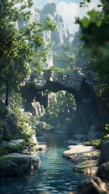 Mountain gorge river flows under natural stone arch bridge