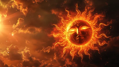 Solar deity awakening in ember-bright celestial clouds.