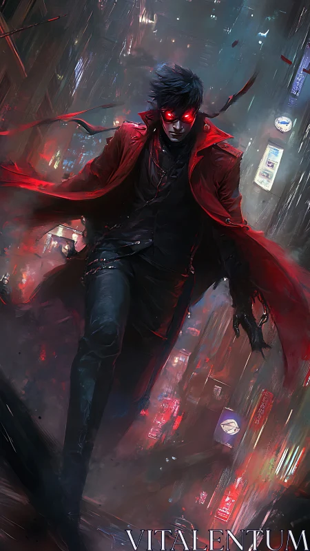 Mysterious red‑eyed wanderer in a neon soaked night city.