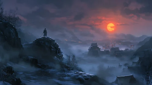 Lone warrior overlooks misty winter city at red sunset.