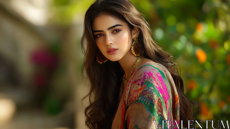 Portrait of woman in patterned shawl outdoors at daytime.