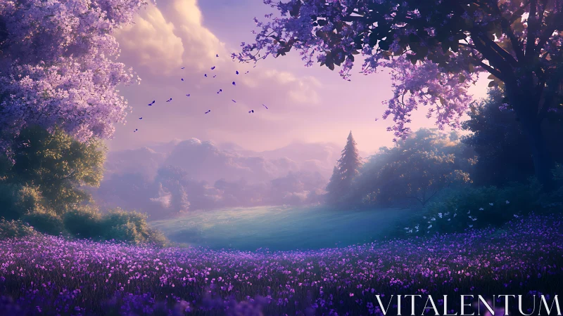 Lavender twilight meadow under blossoming spring canopy.