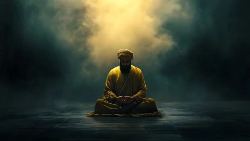 Gentle monk in golden light resting in calm meditation.